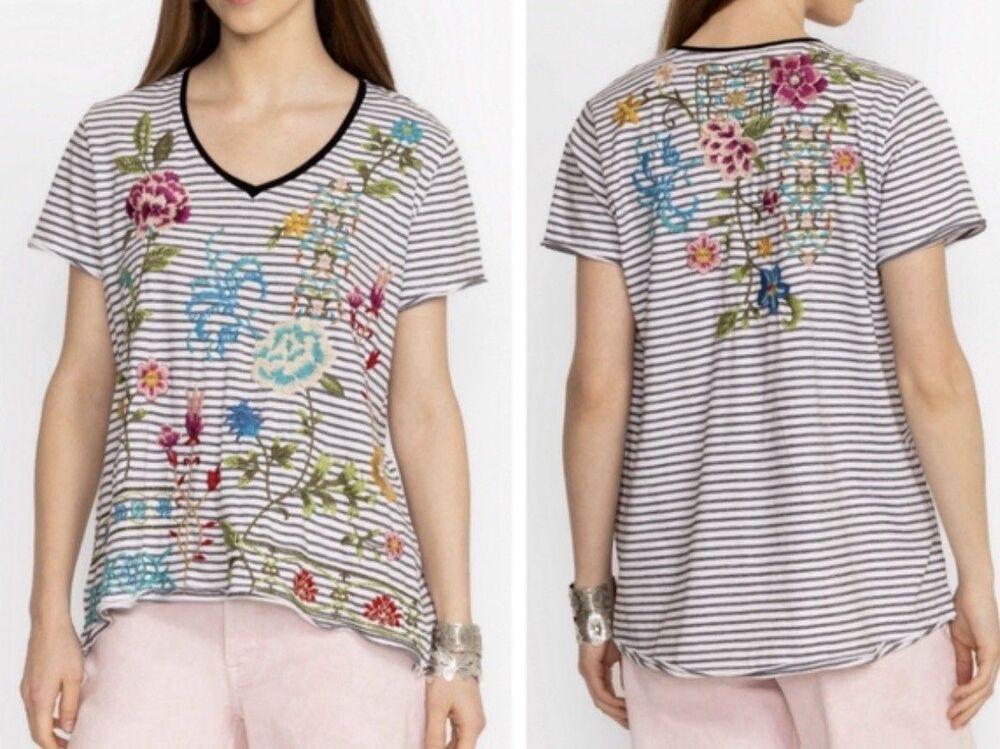 Johnny Was Shirt Large Top Sheri Everyday T Shirt Stripes Embroidered Boho